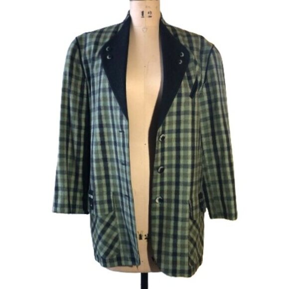 Vintage 90s wool checkered olive green and black blazer jacket, Plus size - Picture 9 of 16